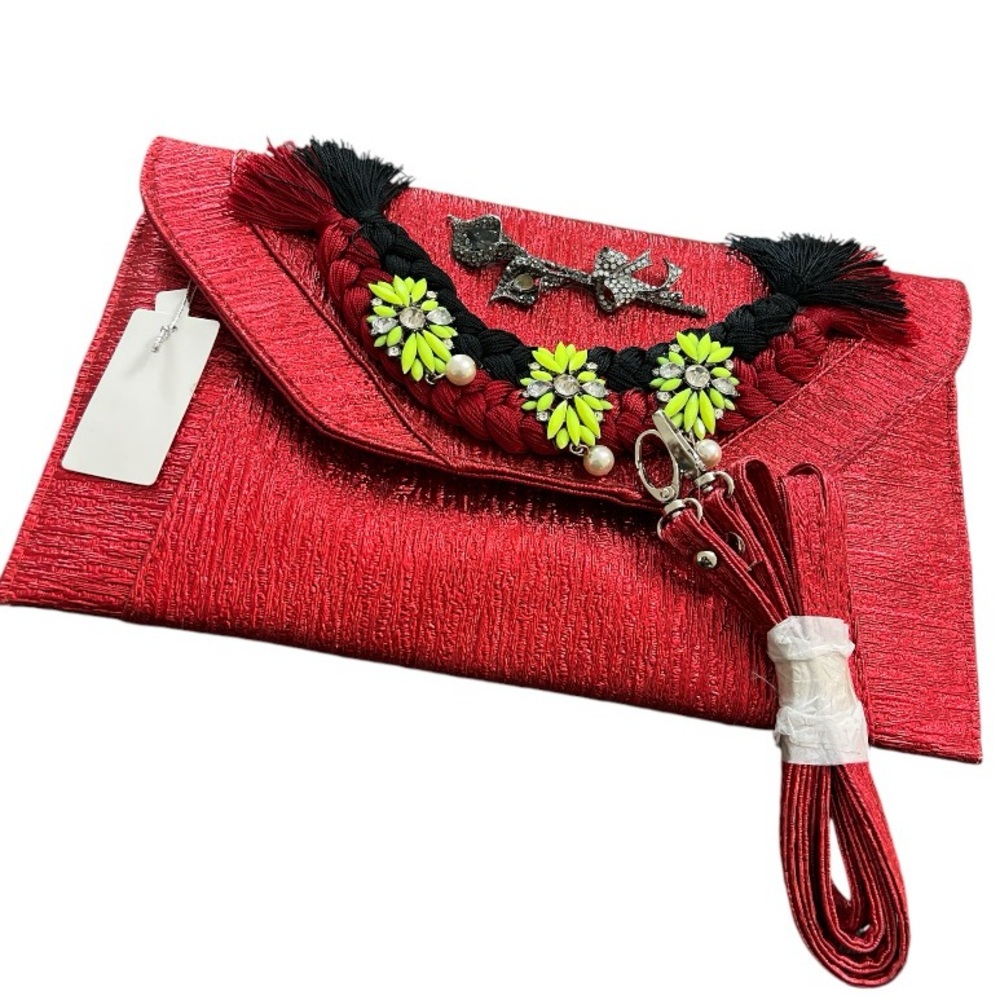 Iris Lane Red Clutch Fabric with Rhinestone Purse - Picture 6 of 10